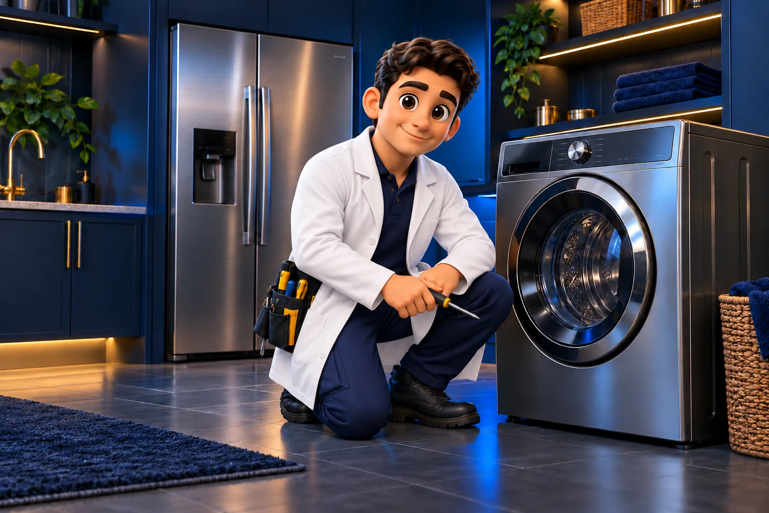 Técnico 3D de TecniDoctor junto a una lavadora y una refrigeradora